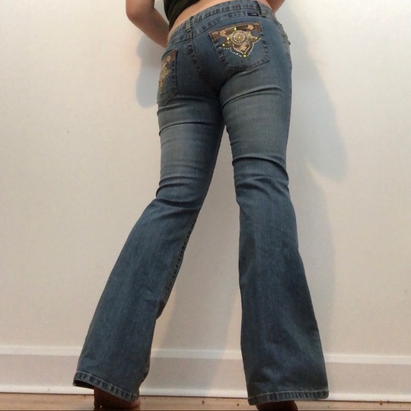 Angels Low Waist Wide Legged Y2K Embroidered Pocket Jeans - Picture 2 of 14